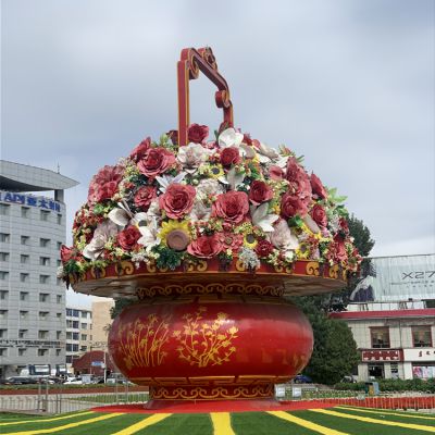 玻璃钢彩绘国庆花卉户外广场大型花篮雕塑